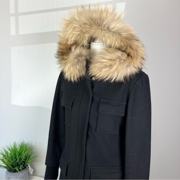 SAM Parka Womens size small Black Campus Jacket Wool Blend Hooded Fur Collar - Picture 10 of 15